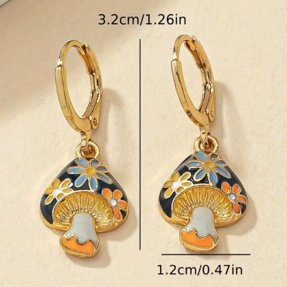 Cute Little Gold Plated Mushroom Drop Earrings - NEW - Picture 4 of 4